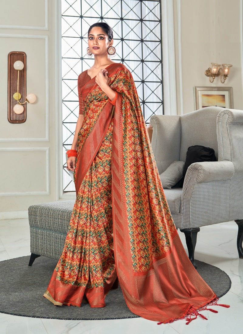 Handloom Silk With Digital Print With Zari Big Border