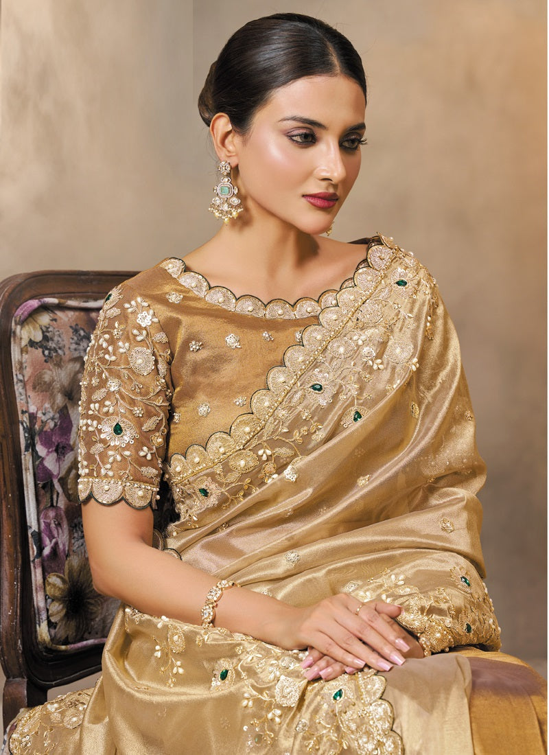 Beige & Golden Zari Tissue Silk Zardozi Embroidery, Stone Hand Work Heavy Designer Saree
