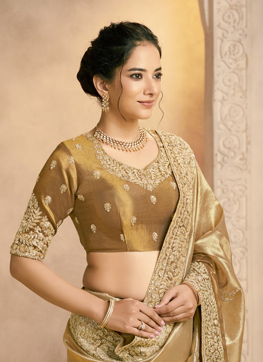 Antique gold Weaved Zari Kora Silk Sequence Embroidery Designer Saree