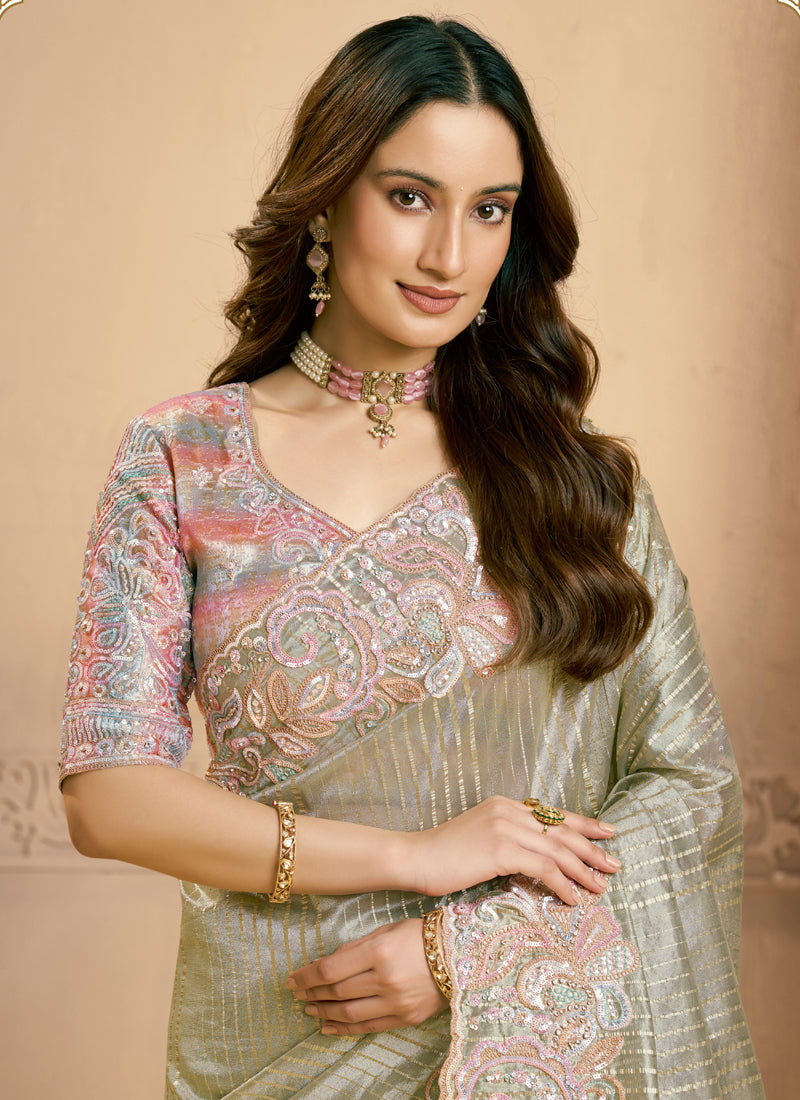 Silver Zari Tissue Sequence Embroidery With Swarovski Work Designer Saree
