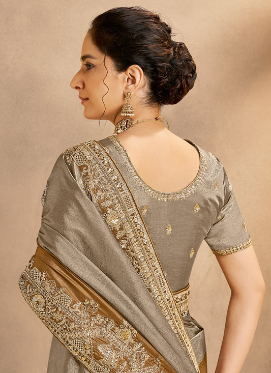 Antique gold & Gray Kora Zari Silk Zardozi & Cutdana Handwork Designer Saree