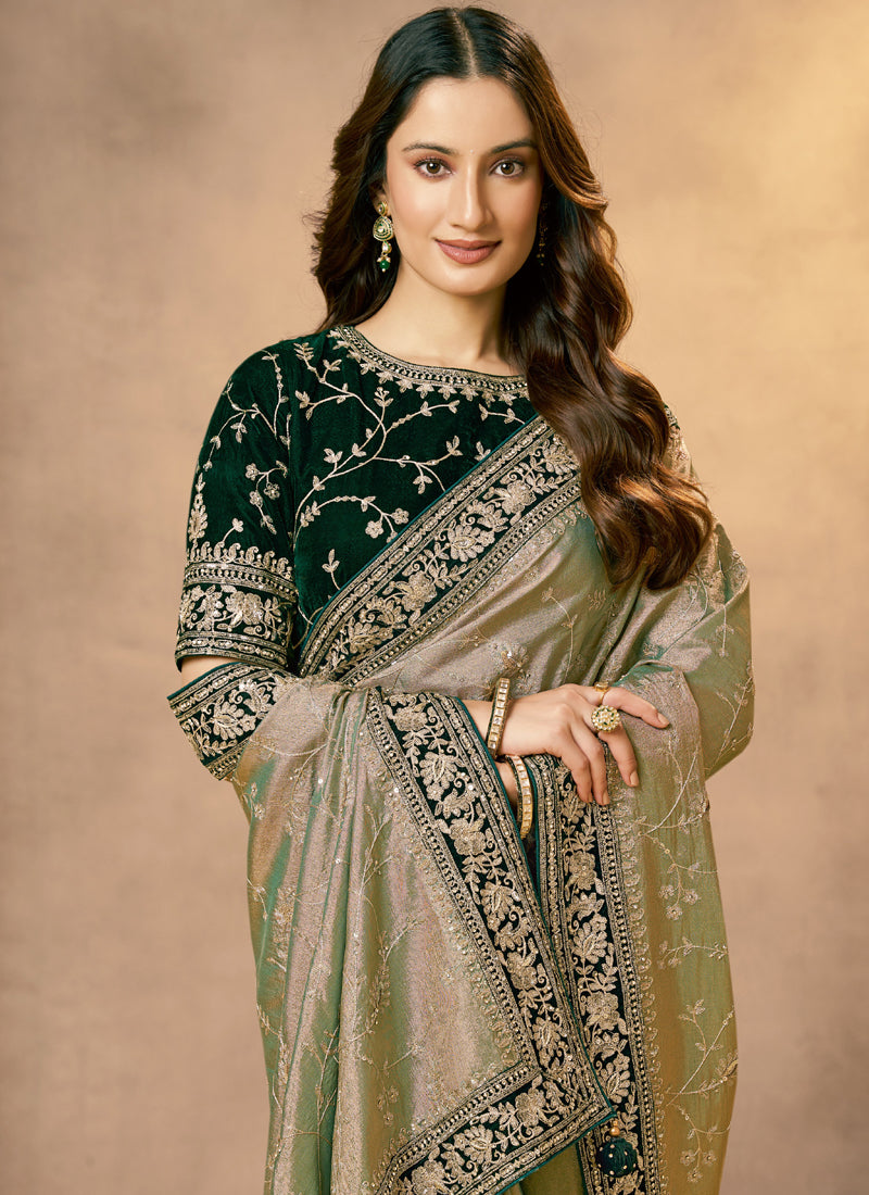 Shine Olive Kora Tissue Zari Silk Zardozi With Sequence Work Designer Saree