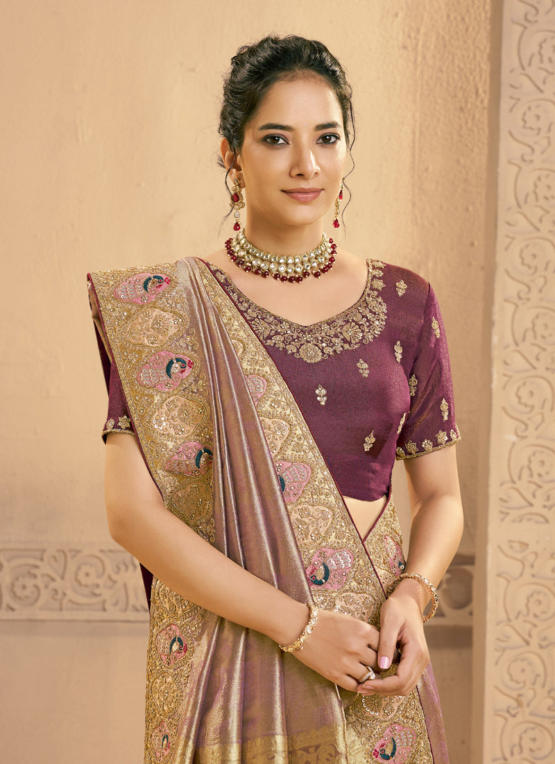 Shine Rose Gold Zari Tissue Silk Motifs & Cutdana Handwork Designer Saree