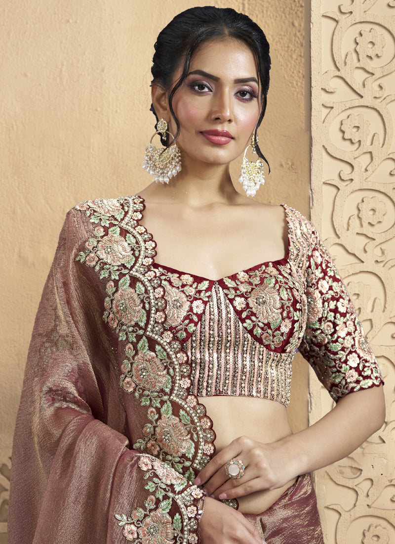 Onion Pink Pure Banarasi Crush With Hand Work Designer Saree