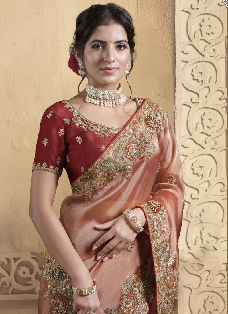 Peach Glass Tissue Sequence With Thread Work Designer Saree