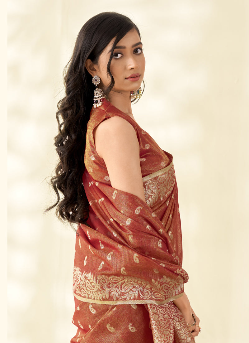 Rust Tissue Linen Zari Weaving Traditional Wear Saree