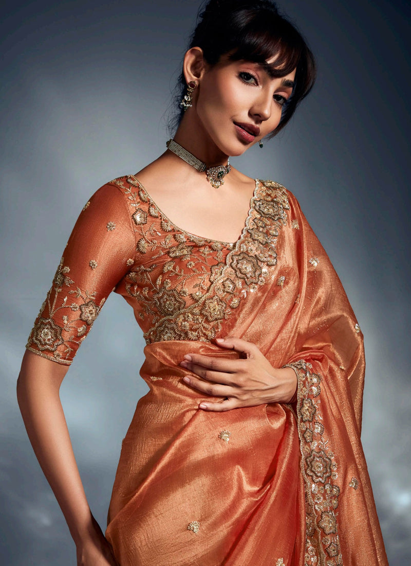 Rust Glass Glass Tissue With Heavy Designer Blouse Party Wear Saree