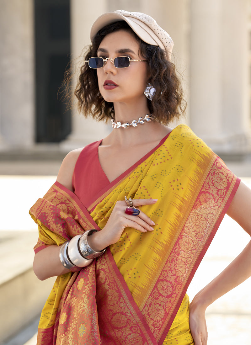 Mustard & Red Soft Silk Bandhani Print With Weaving Beautiful Border Saree