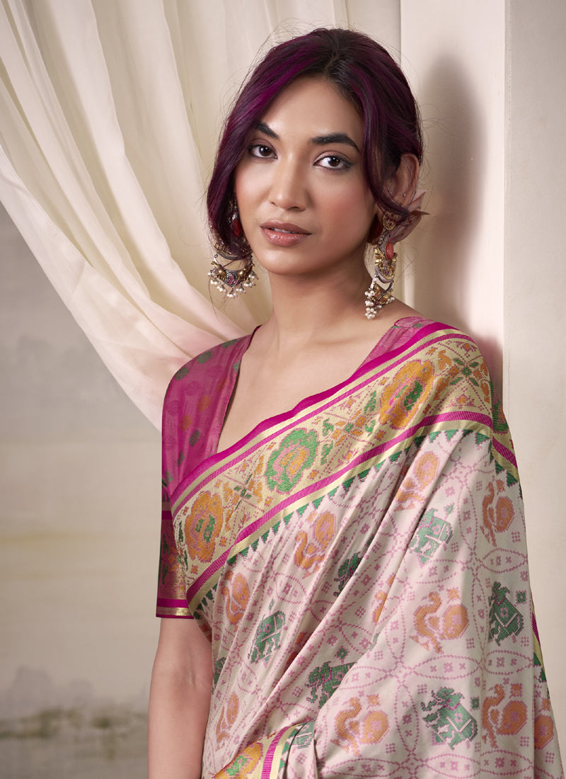 Off-White & Pink Patola Silk Festival Wear Saree