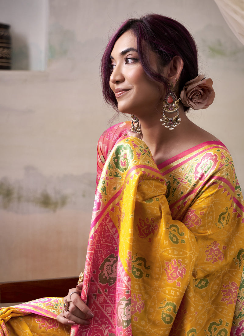 Mustard & Pink Patola Silk Festival Wear Saree