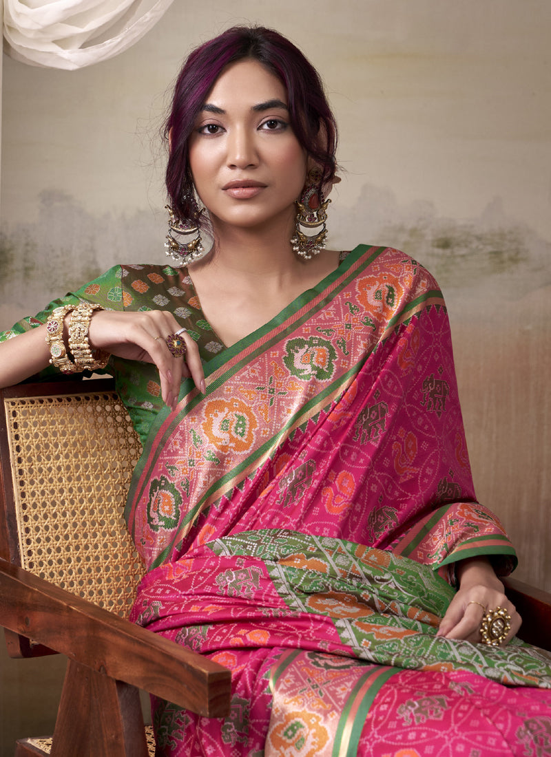 Pink & Green Patola Silk Festival Wear Saree