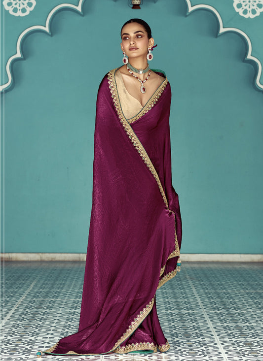 Wine Glass Tissue Embroidery & Sequence Work Designer Saree