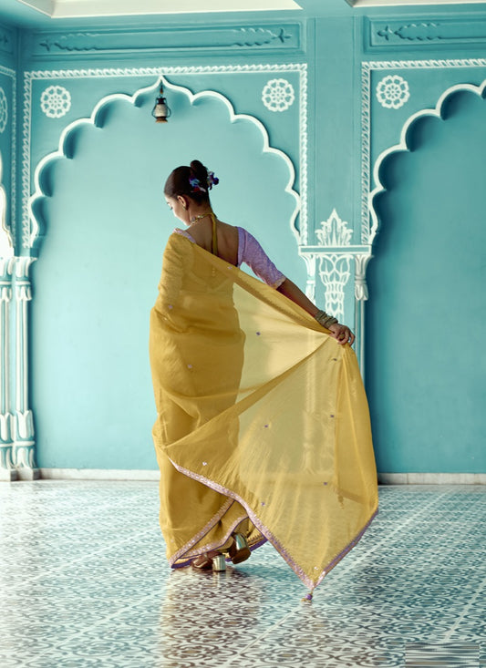 Mustard Glass Tissue Embroidery & Sequence Work Designer Saree
