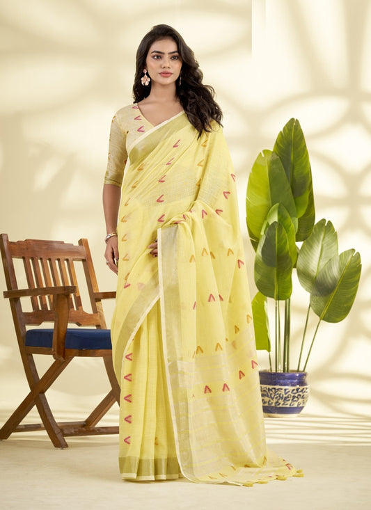 Linen Cotton With Woven Border & Multicolor Embroidery Saree