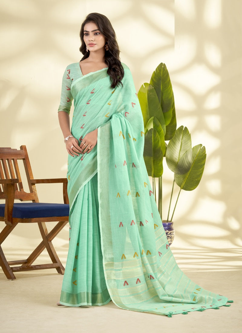 Linen Cotton With Woven Border & Multicolor Embroidery Saree