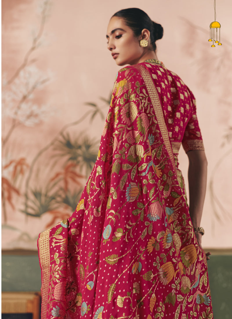 Red Khadi Georgette With Designer Weaving Work & Beautiful Tassels Bandhani Saree