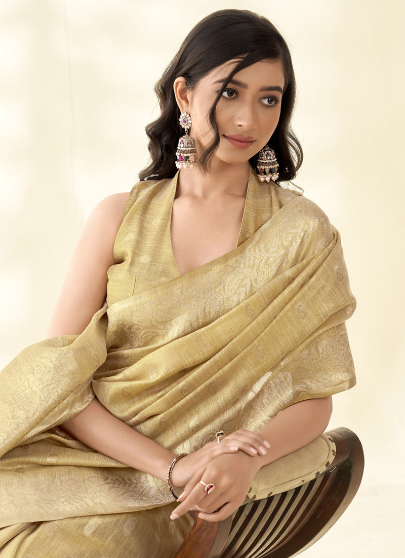 Olive Tissue Linen Zari Weaving Traditional Wear Saree