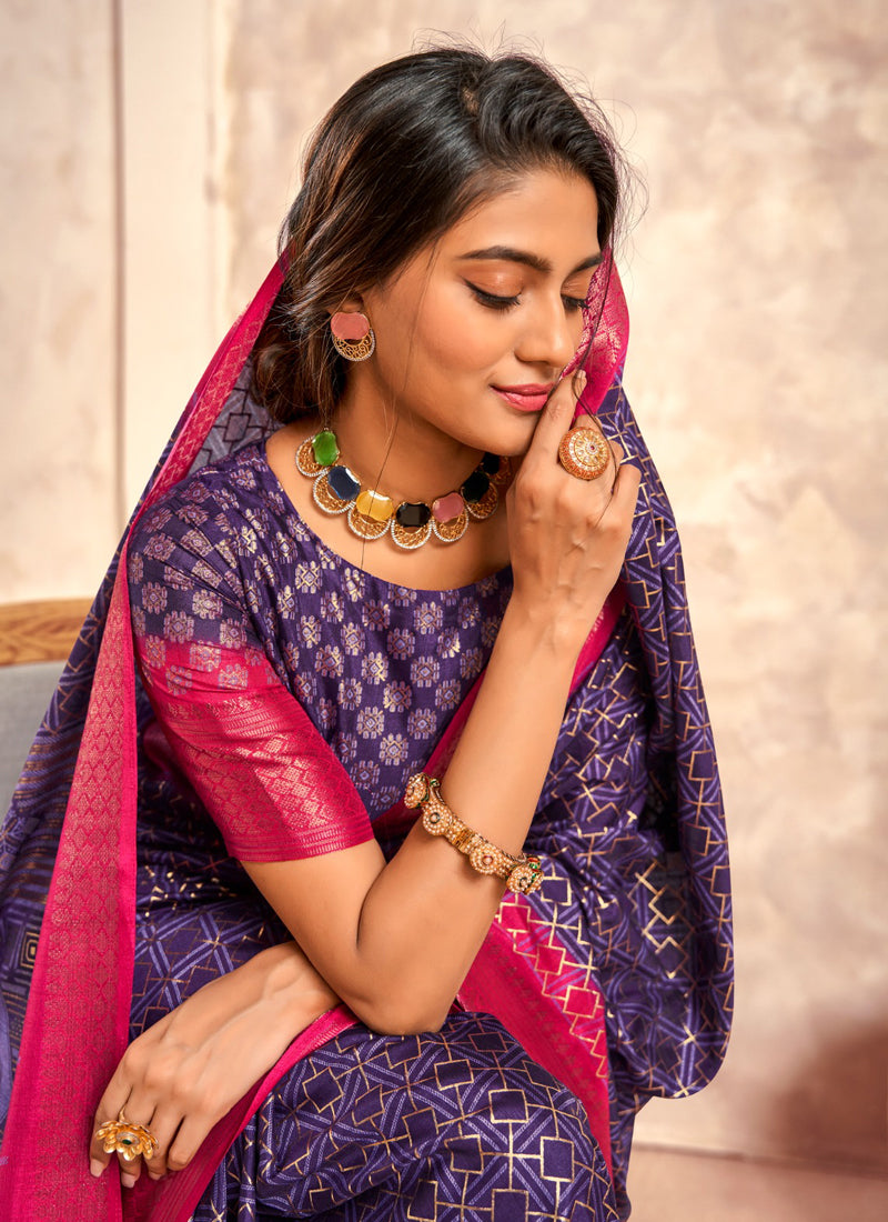 Plum With Rani Pink Border Art Silk With Foil Print Casual Wear Saree