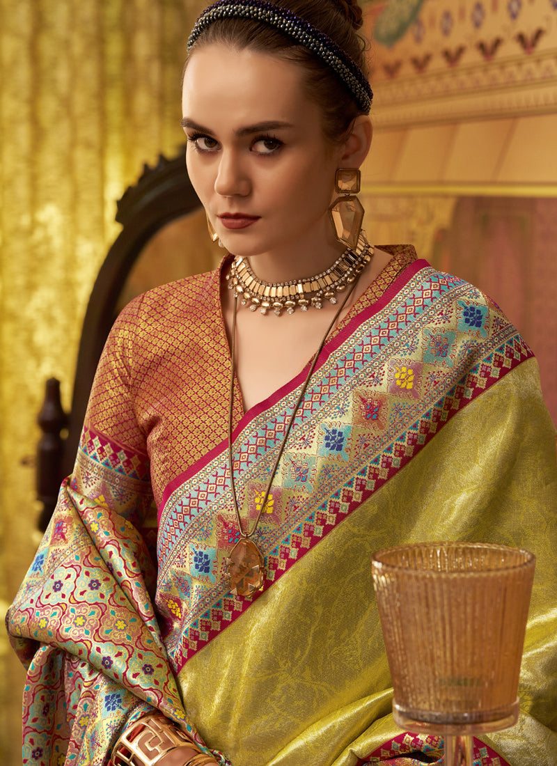 Lemon Tissue Silk With Zari Weaving Festival Wear Saree