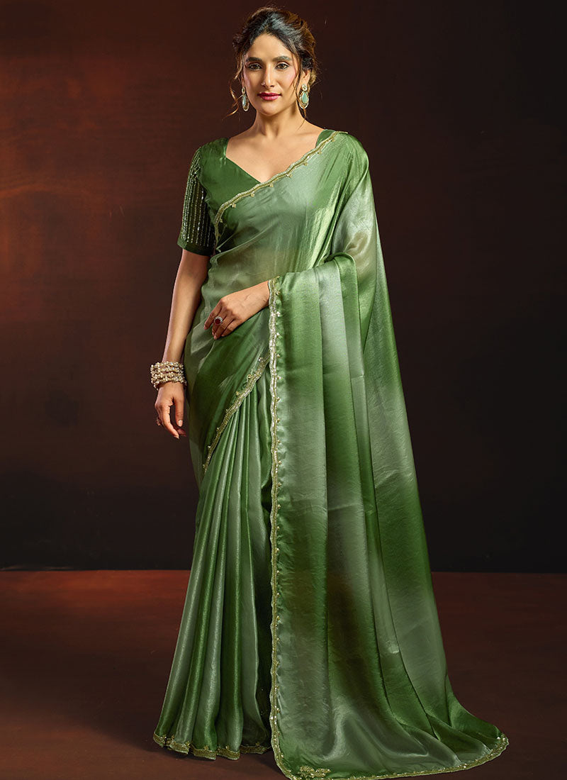 Shaded Satin Beads Work Border Party Wear Saree