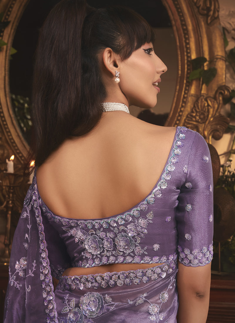 Lavender Tissue Organza With Sequence Designer Work All Over Saree