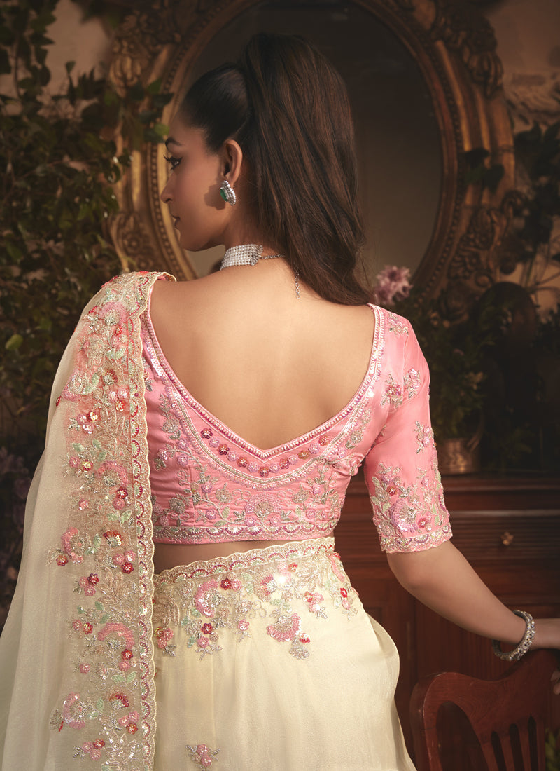 Off-White Tissue Organza Border And Designer Butta Work All Over Saree