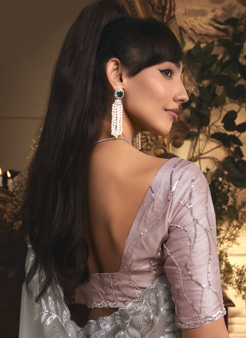 Gray Tissue Organza With Contrast Designer Blouse Saree