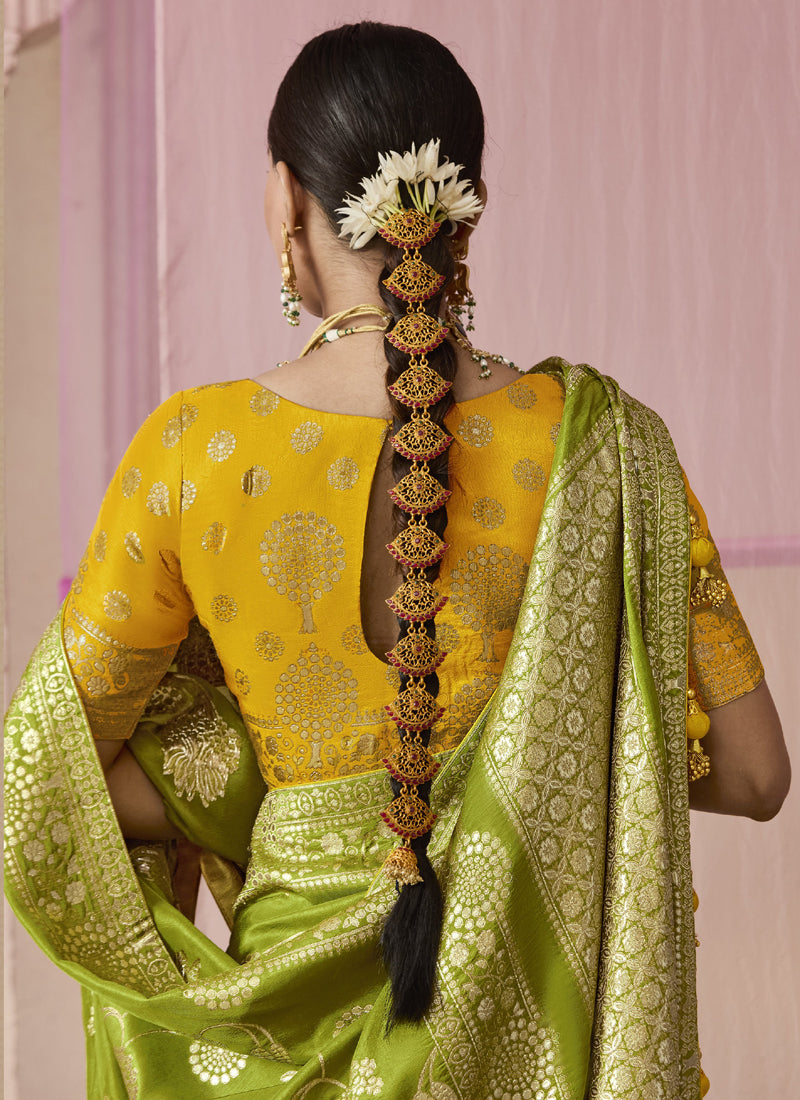 Olive Dola Silk Weaving On All Over Saree Heavy Designer Contras Blouse