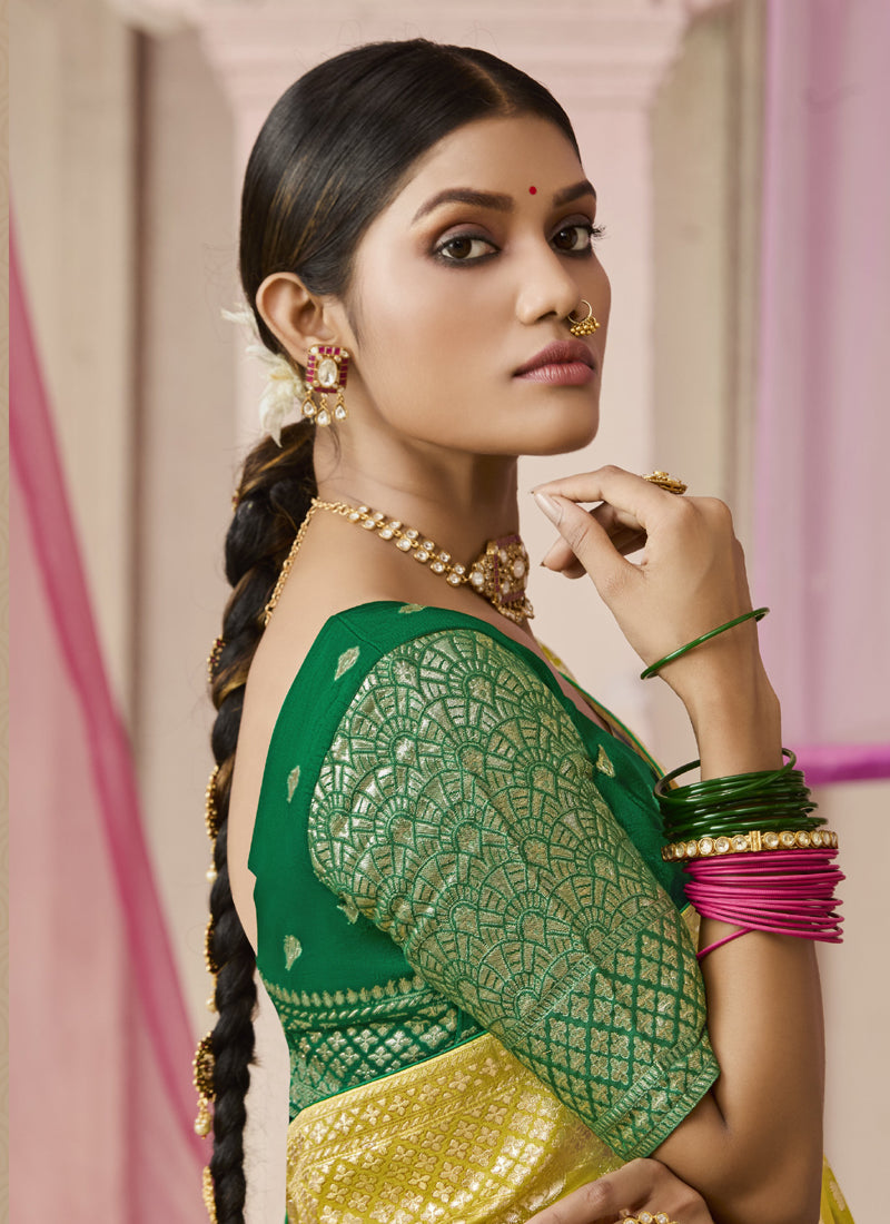 Mustard Dola Silk Weaving Designer Contras Blouse