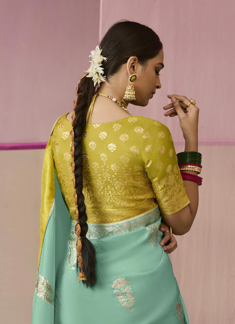 Turquoise Dola Silk Weaving Heavy Designer Contras Blouse