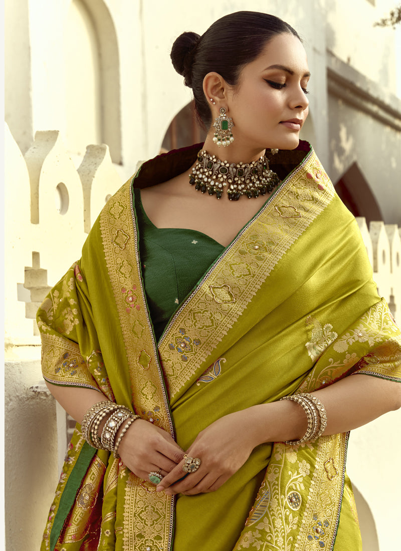 Olive Dola Silk Heavy Zari Weaving Wedding Sarees