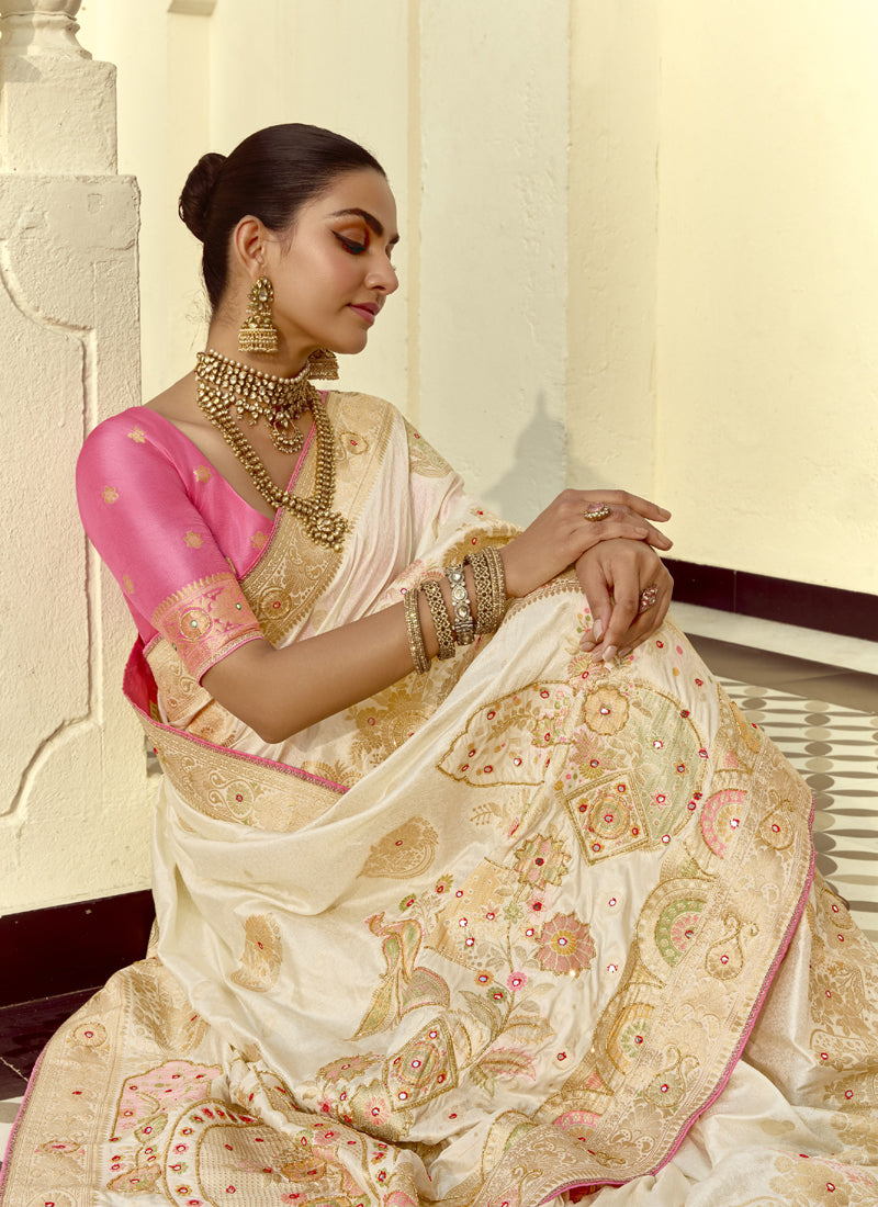 White Dola Silk Heavy Zari Weaving Wedding Sarees