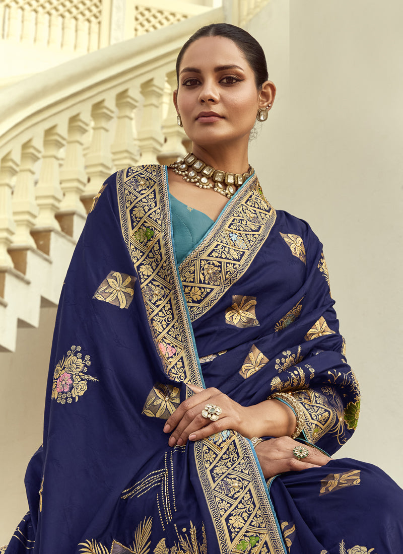 Navy Blue Dola Silk Heavy Zari Weaving Wedding Sarees