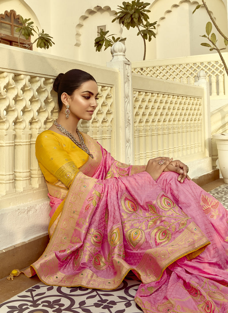 Pink Dola Silk Heavy Zari Weaving Wedding Sarees