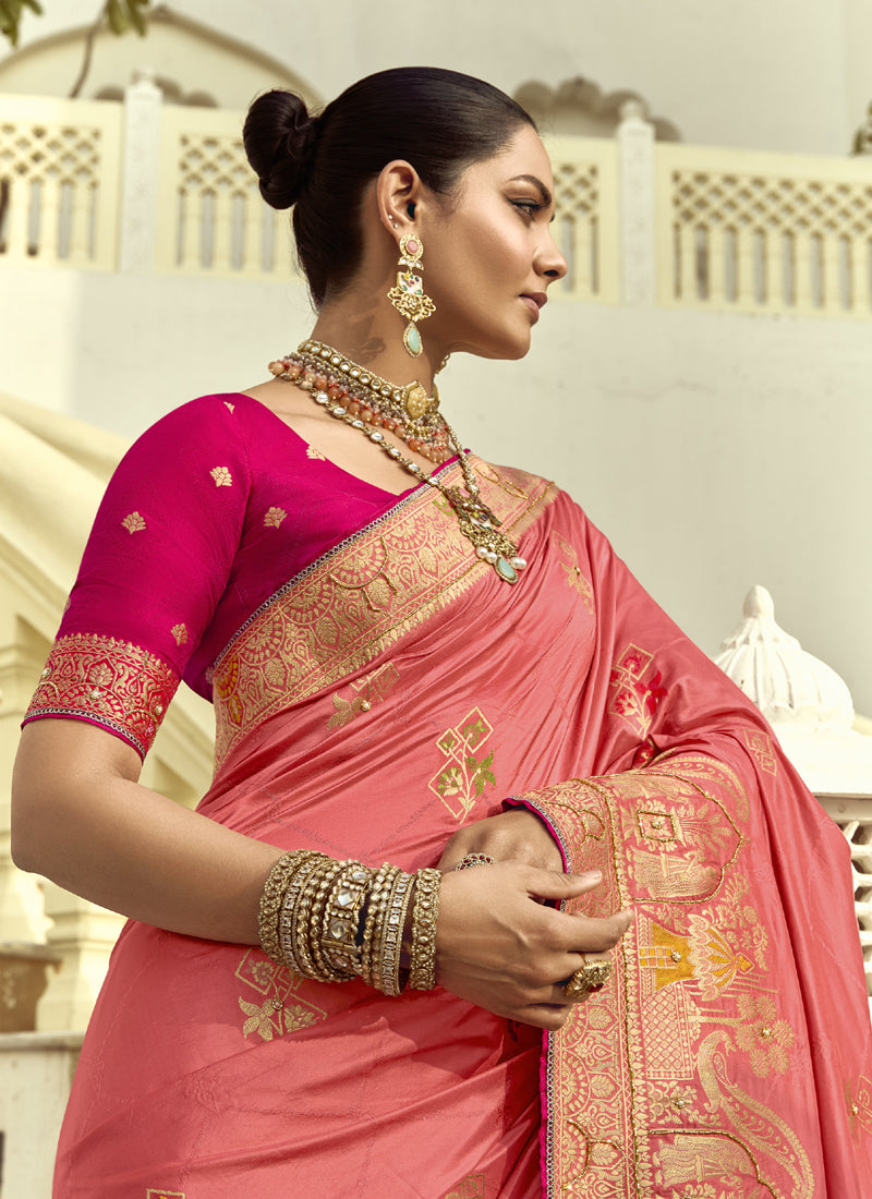 Salmon Dola Silk Heavy Zari Wedding Sarees