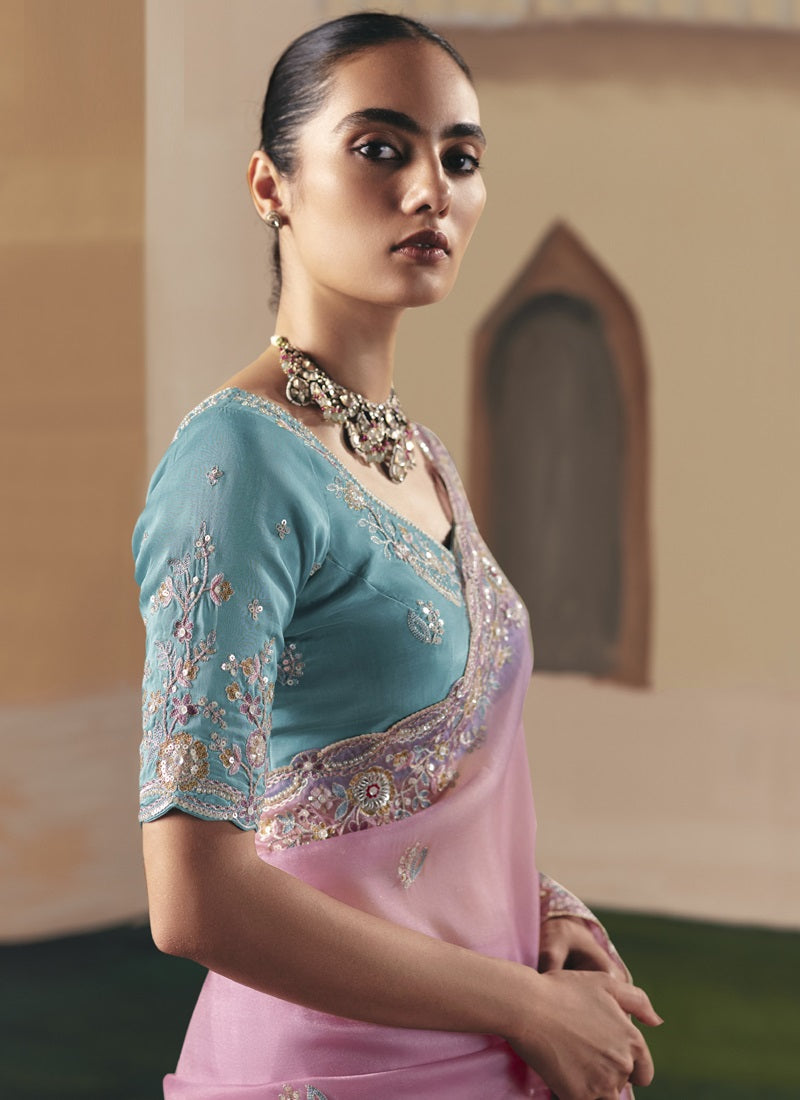 Baby Pink Tissue Silk Border Heavy Designer Saree