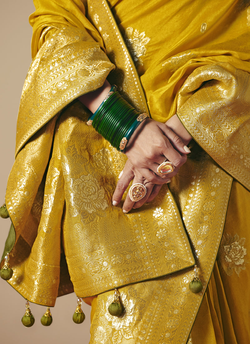 Mustard Bemberg Viscose With Contrast Weaving Work Blouse