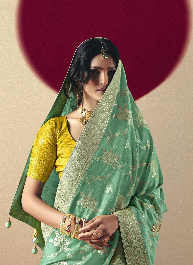 Turquoise Bemberg Viscose With Contrast Weaving Work Blouse