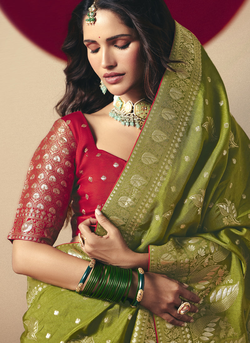 Mehndi Bemberg Viscose With Contrast Weaving Work Blouse