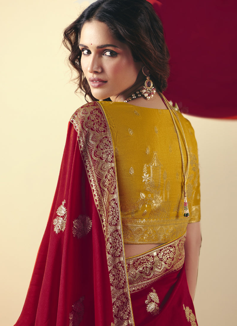 Red Bemberg Viscose with Designer Weaving Work Blouse