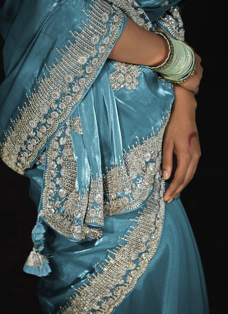 Sky Blue Tissue Silk With Brocade Blouse Designer Saree
