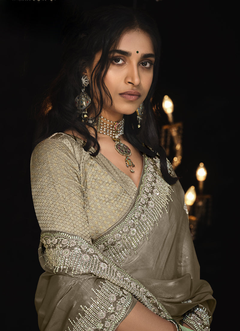 Beige Tissue Silk With Blouse Designer Saree