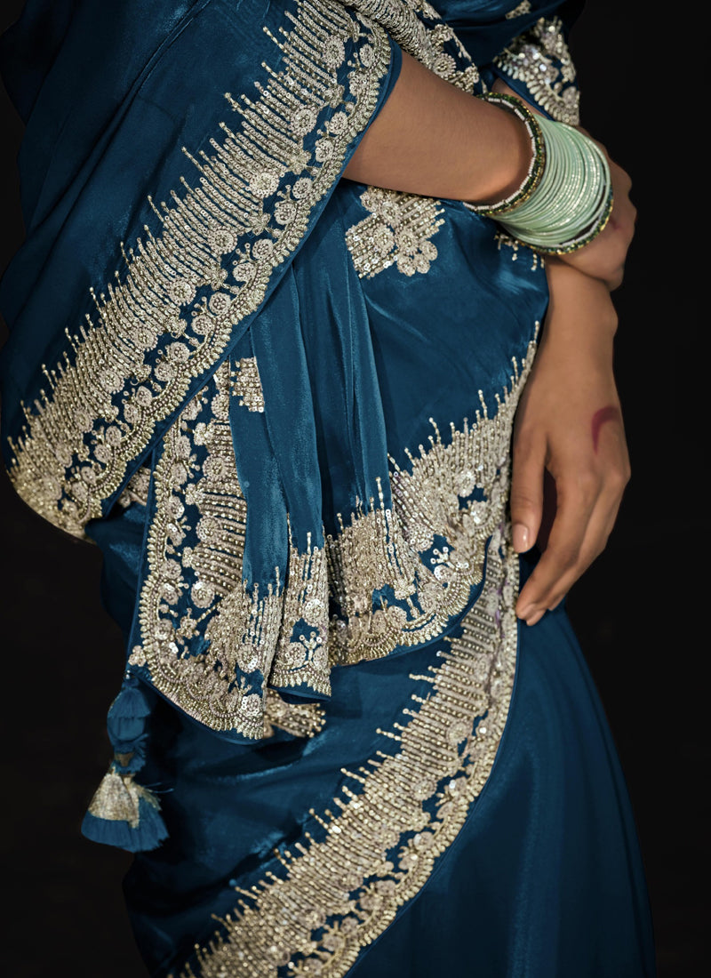Peacock Blue Tissue Blouse Designer Saree