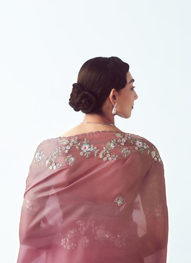 Baby Pink Tissue Organza Designer Party Wear Saree