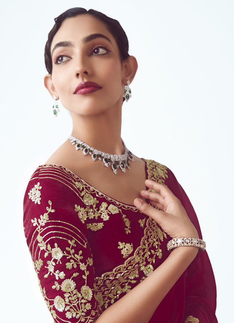 Maroon Tissue Silk Designer Party Wear Saree