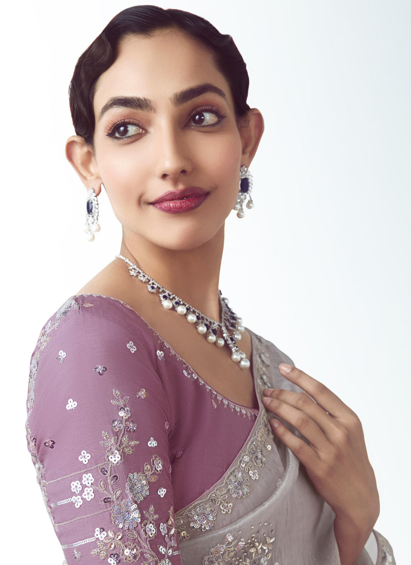 Gray Tissue Organza Designer Party Wear Saree