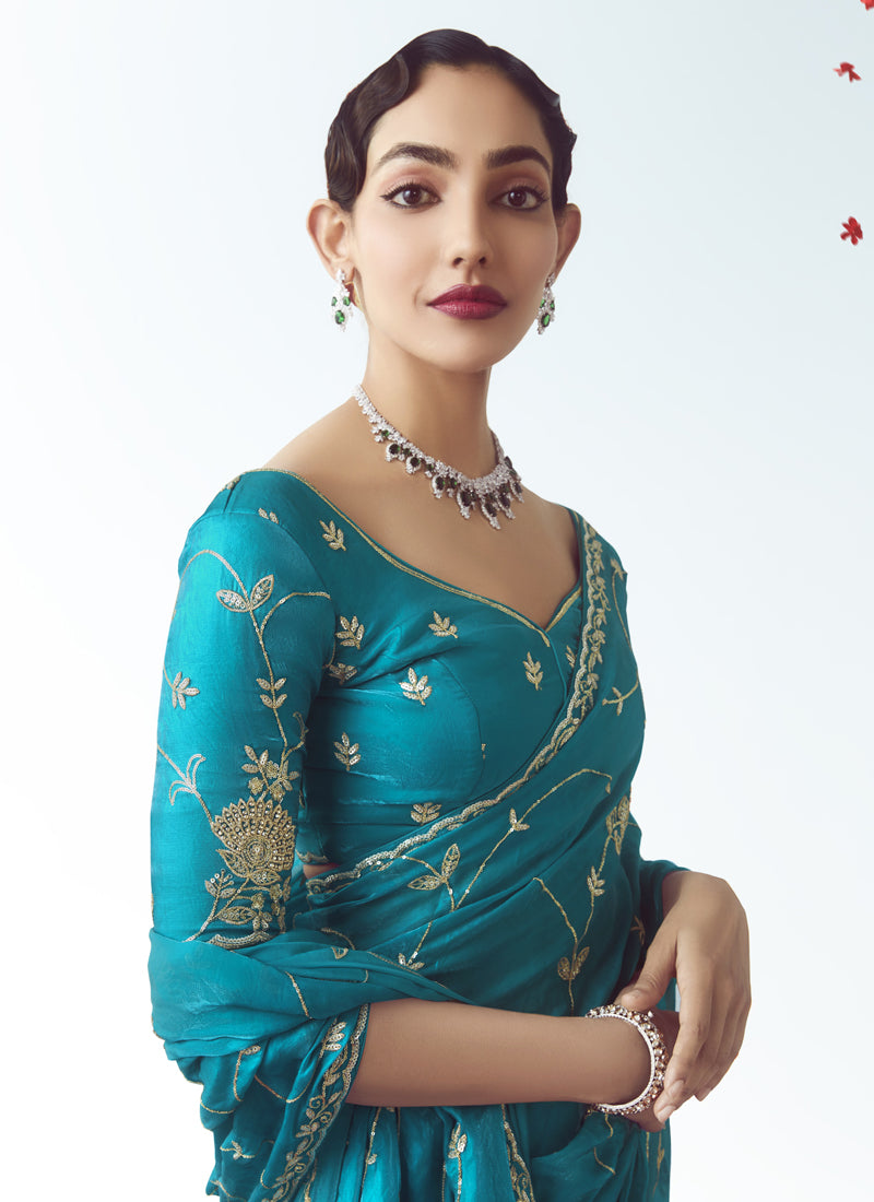 Sky Blue Tissue Silk Designer Party Wear Saree