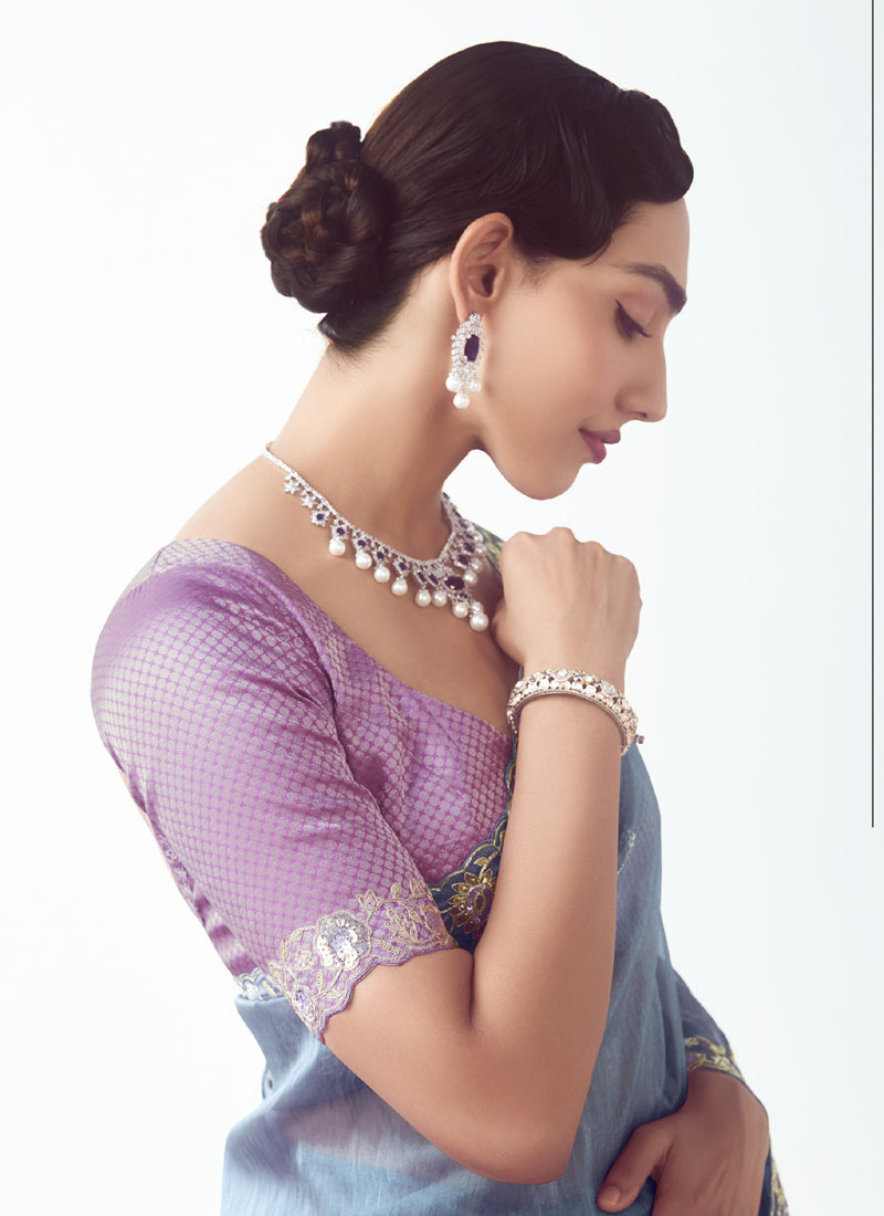 Bright Navy Blue Tissue Organza Heavy Sequence Work Designer Party Wear Saree