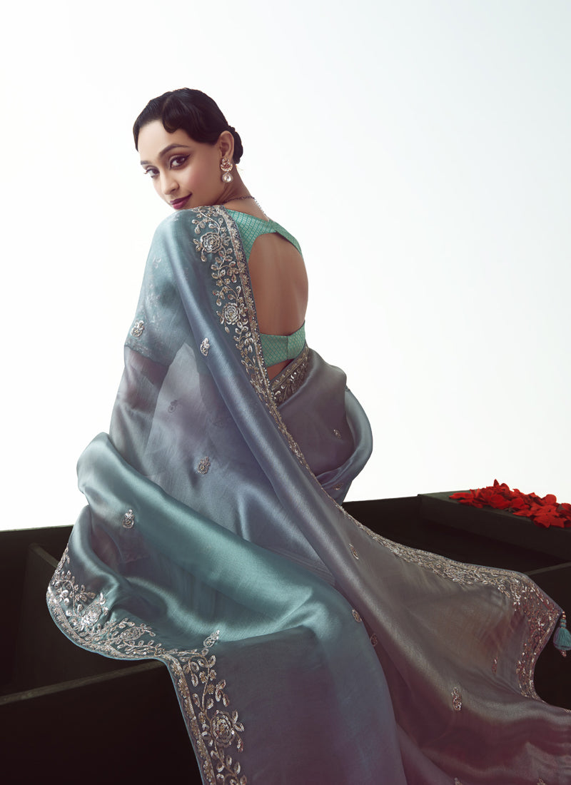 Shaded Turquoise Tissue Organza Heavy Sequence Work Designer Party Wear Saree