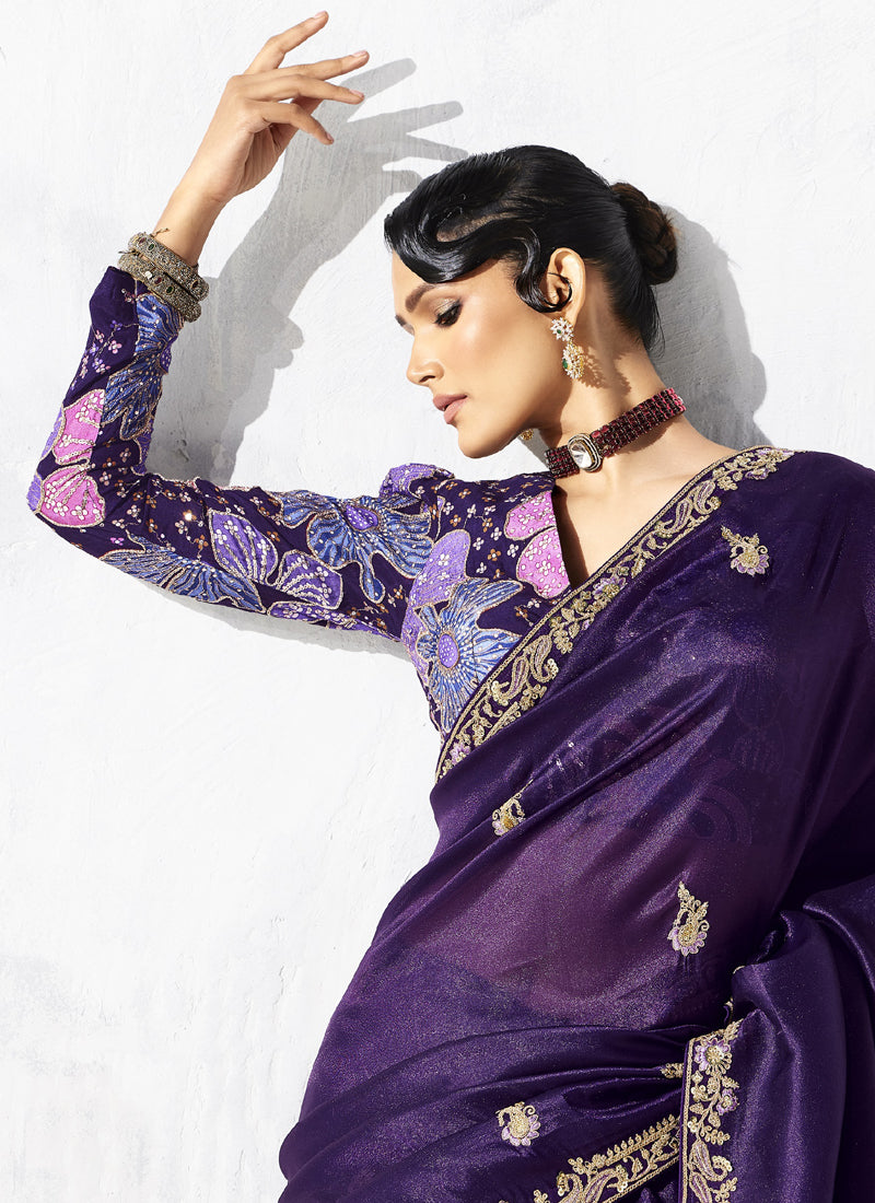 Dark Purple Tissue Organza Designer Blouse Party Wear Saree
